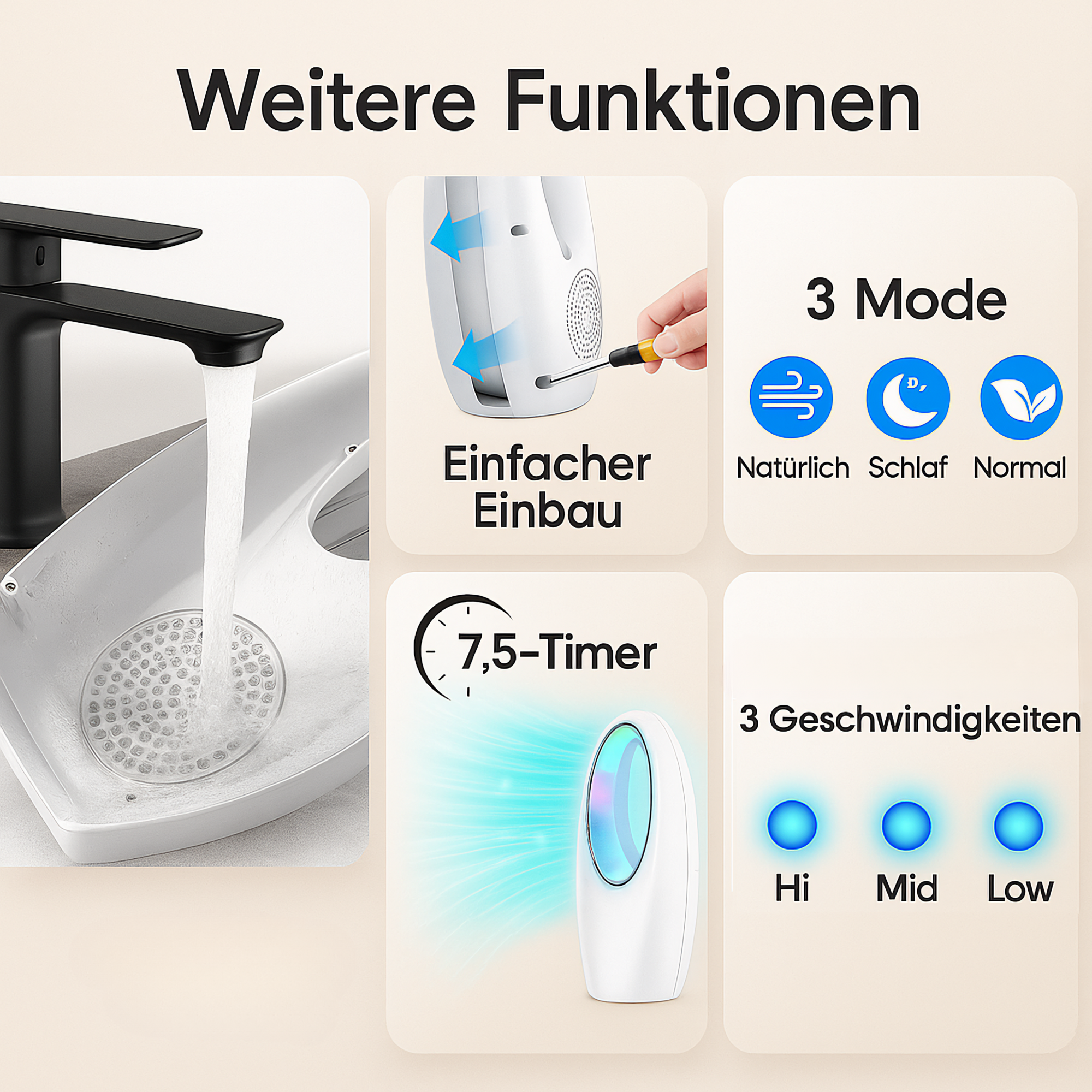 Das Bild zeigt einen Wasserhahn mit einem weißen Waschbecken. Auf der rechten Seite befinden sich weitere Bilder.