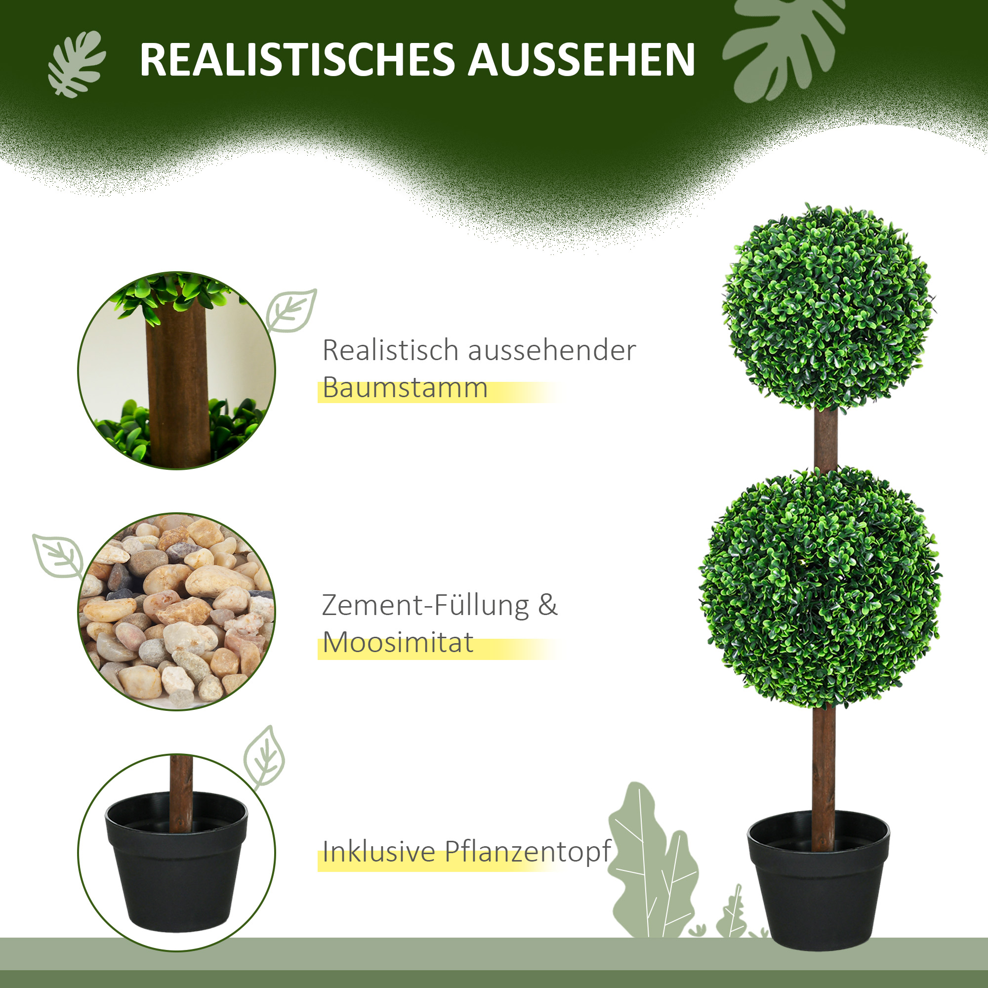 Zwei künstliche Topiaries mit einem Topf. Nahaufnahmen von Details.