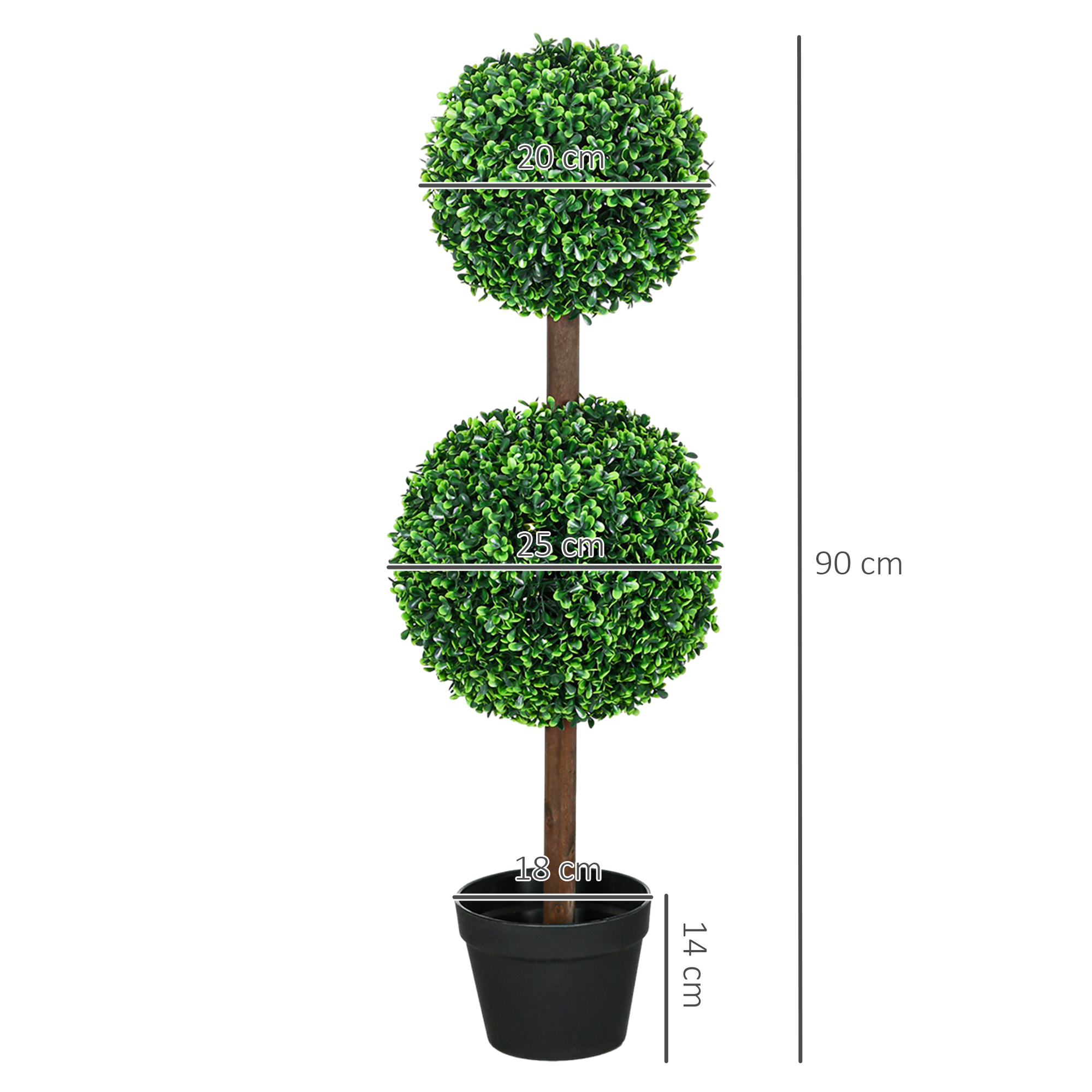 Zwei künstliche Topiaries mit Abmessungen.