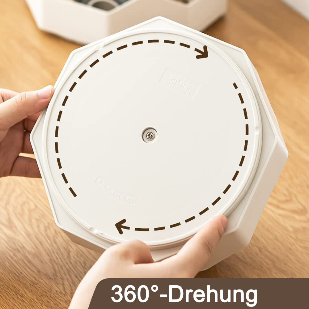 Hände halten einen weißen, rotierenden Behälterboden mit Pfeilen, die eine 360-Grad-Drehung anzeigen.