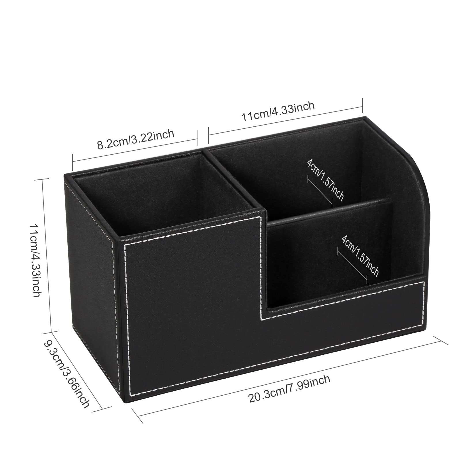 Schwarzer Schreibtisch-Organizer mit weißen Nähten, Abmessungen in Zoll und Zentimetern beschriftet.