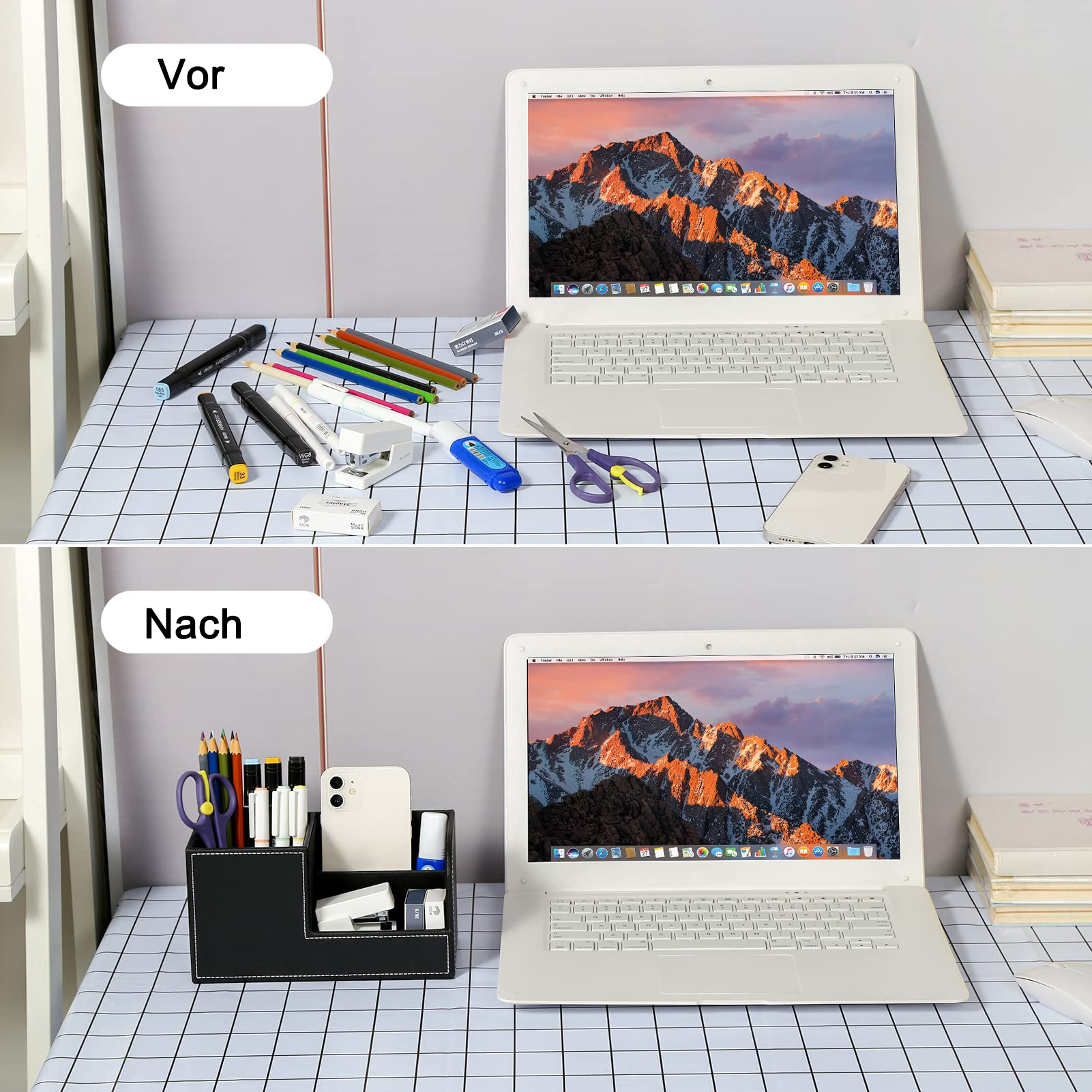 Ein Schreibtisch mit Laptop, Stiften und einem Schreibtischorganizer. Der Laptop zeigt eine Berglandschaft.