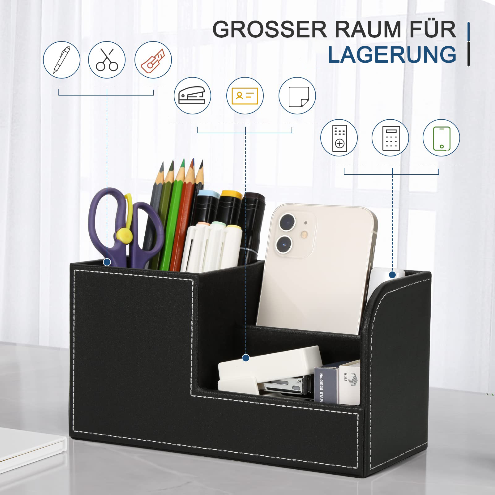 Schwarzer Schreibtisch-Organizer gefüllt mit Stiften, Scheren, Telefon, Tacker und anderen Büroartikeln.