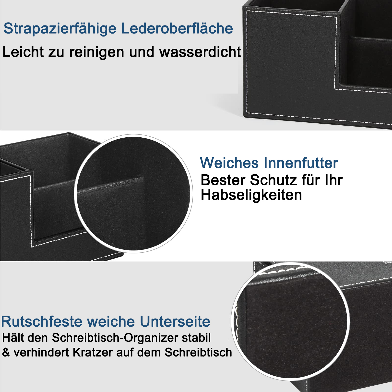 Ein schwarzer Schreibtisch-Organizer mit Fächern. Text weist auf Merkmale wie Lederoberfläche und weiches Futter hin.