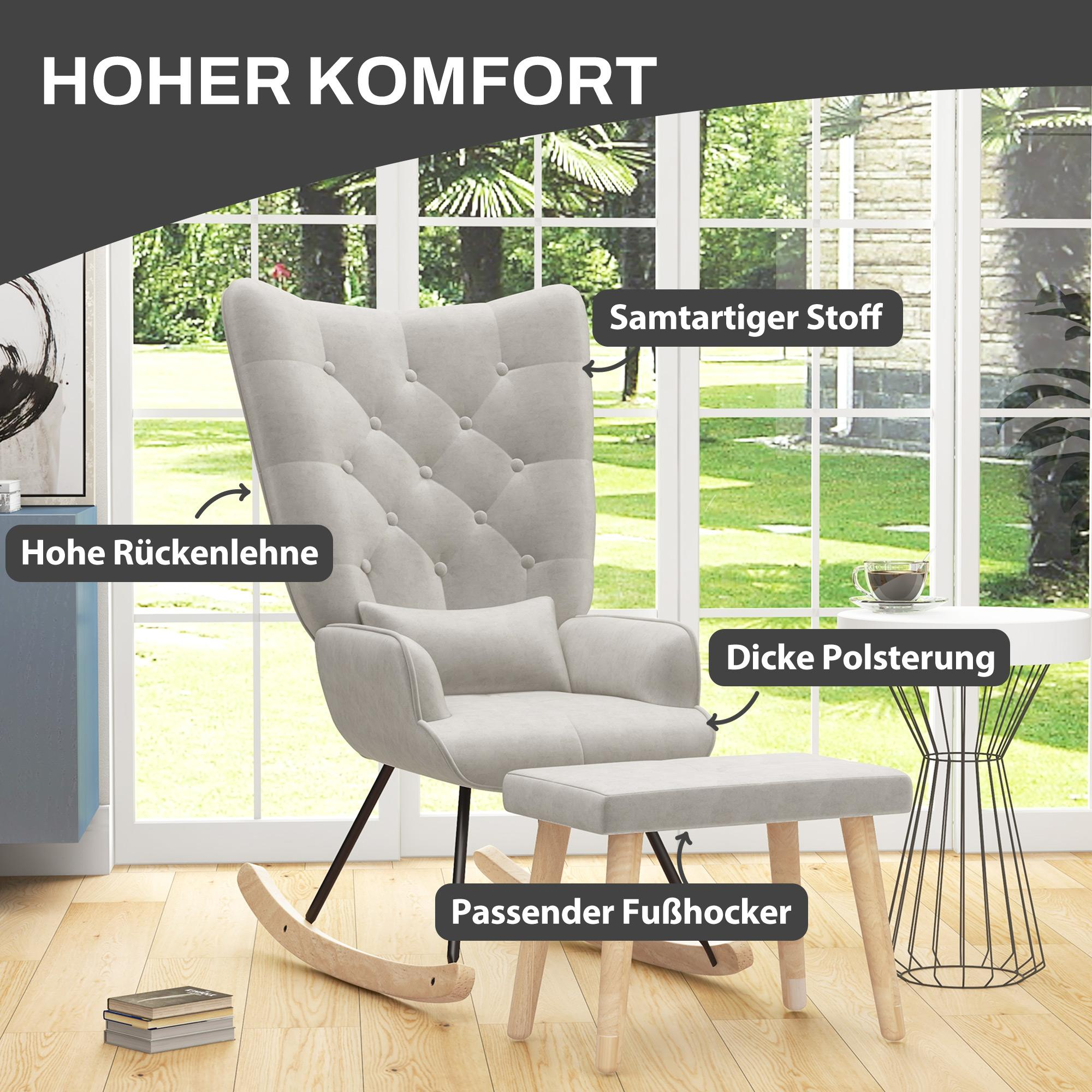 Ein beiger Schaukelstuhl und Hocker werden mit deutschen Beschriftungen gezeigt, die Merkmale hervorheben.