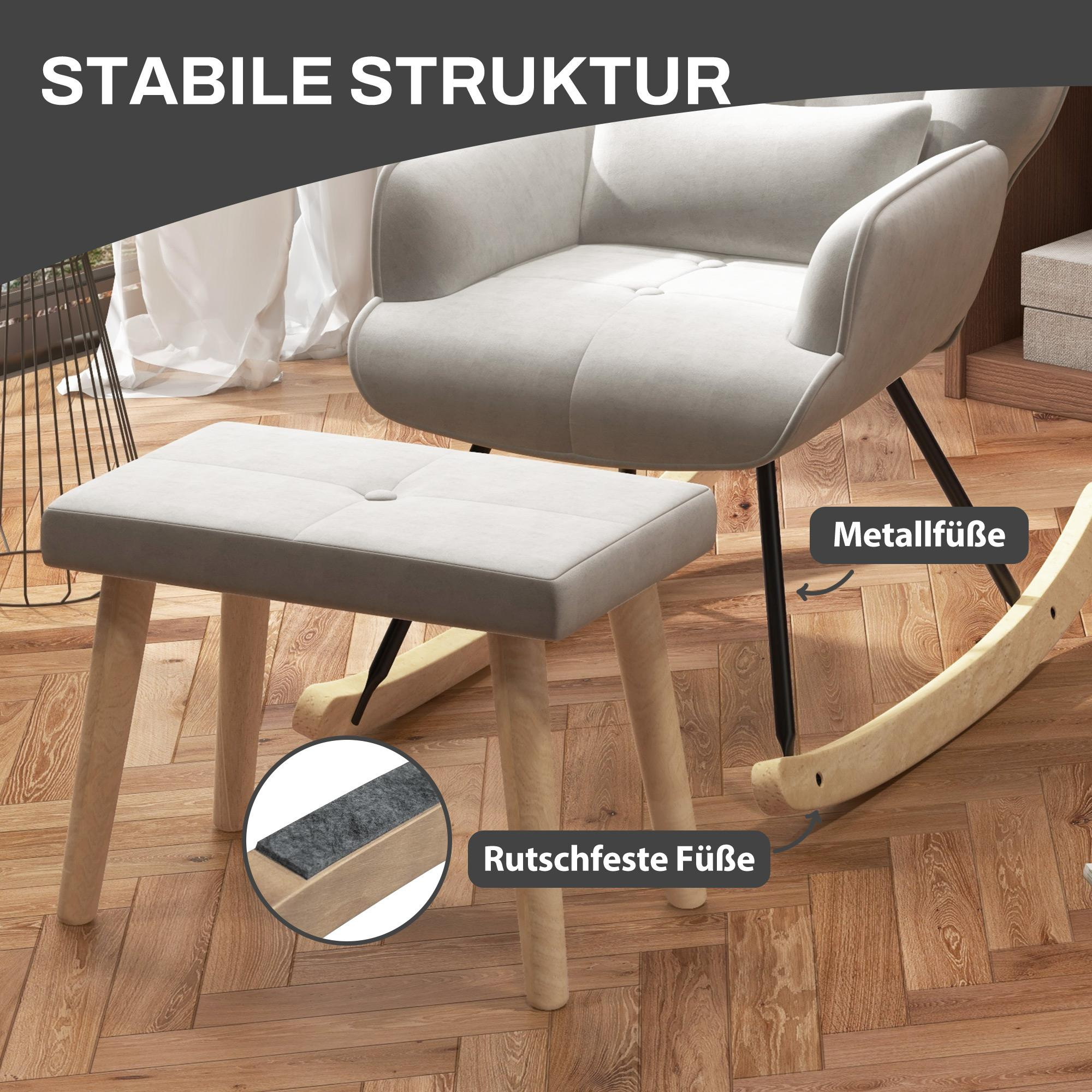 Ein hellgrauer Schaukelstuhl mit passendem Hocker. Text: STABILE STRUKTUR, Metallfüße und Rutschfeste Füße.