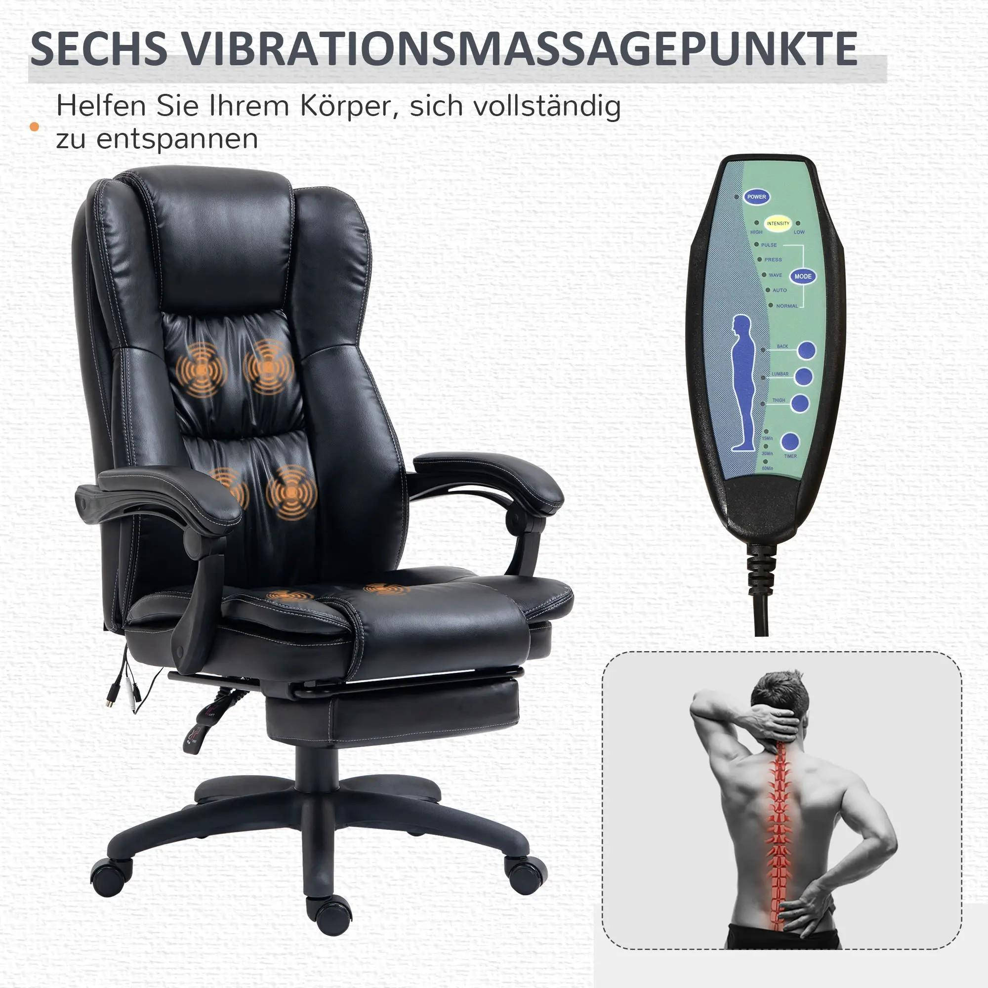 Schwarzer Leder-Bürostuhl mit Fußstütze. Text kennzeichnet 6 Massagepunkte. Eine Fernbedienung ist rechts oben.
