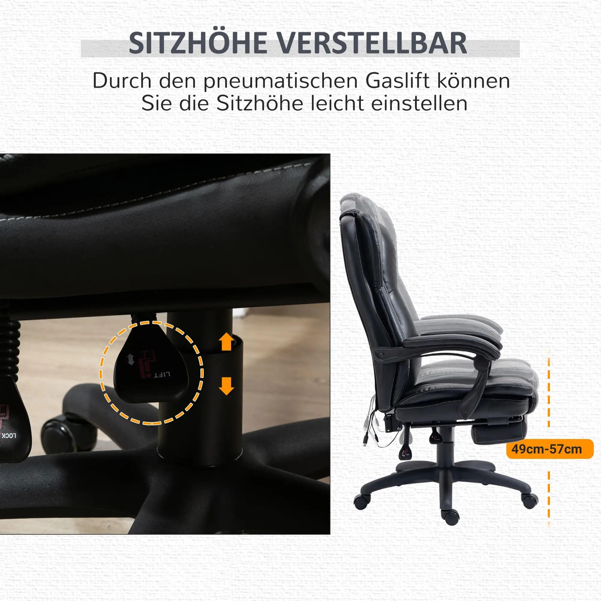 Schwarzer Leder-Bürostuhl mit höhenverstellbarer Sitzfläche. Der Verstellmechanismus wird gezeigt. Der Stuhl ist im Profil.
