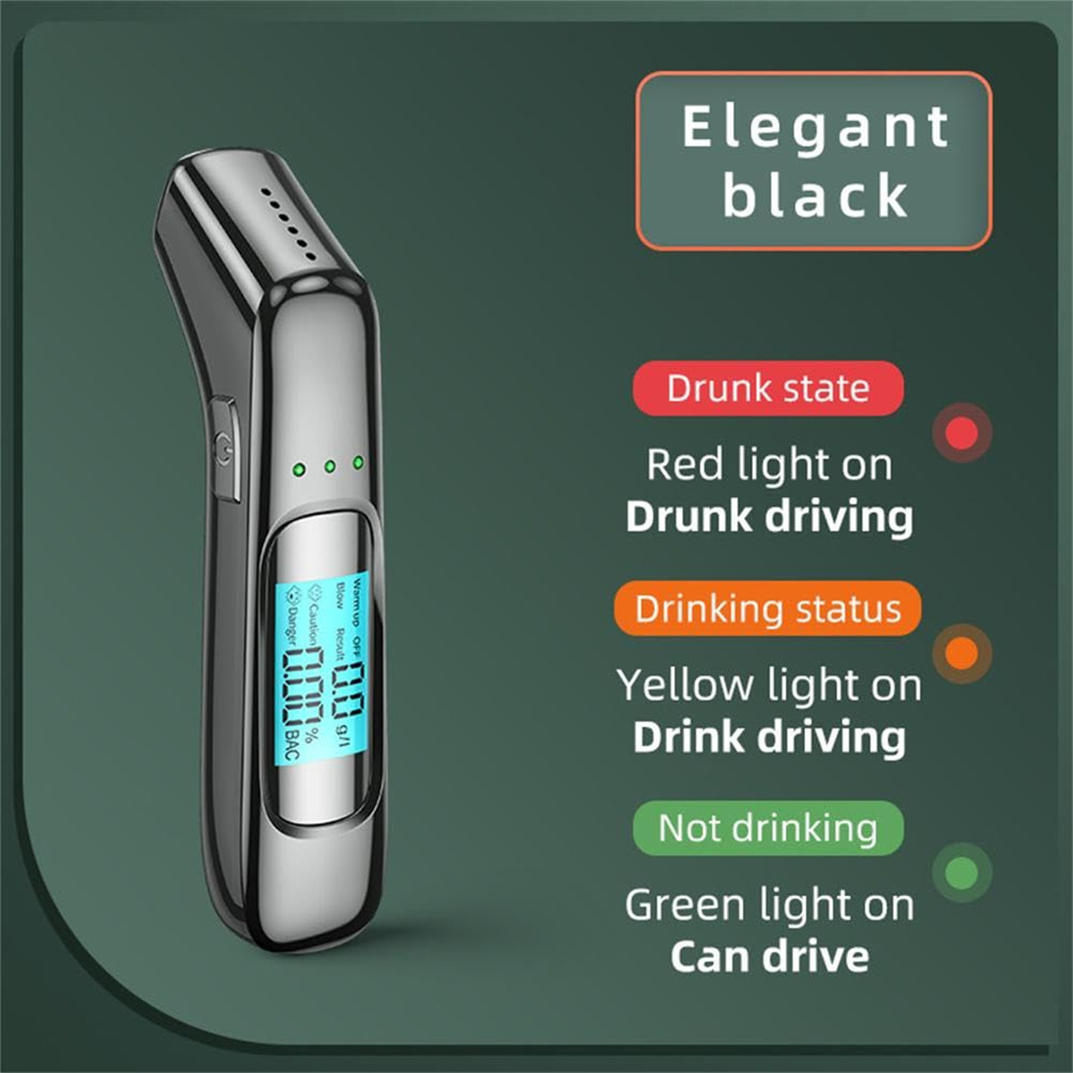 Ein elegantes, schwarzes Alkoholmessgerät mit Display. Verschiedenfarbige Lichter zeigen den Fahrstatus an. Text kennzeichnet die Zustände.