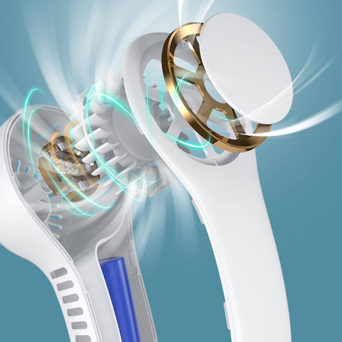 Schnittansicht eines weißen Nackenventilators. Interne Komponenten sichtbar, einschließlich Lüfterflügel, Motor und Akku.