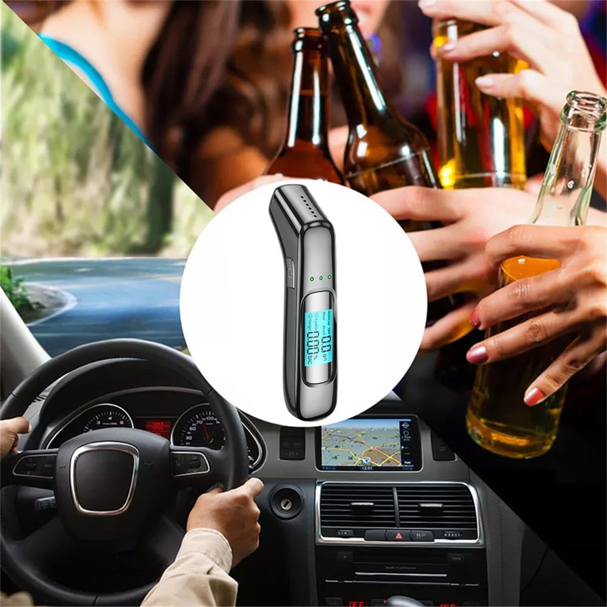 Ein Alkoholmessgerät im Auto, umgeben von Bildern von trinkenden und fahrenden Personen. Eine Straße und eine Karte sind sichtbar.