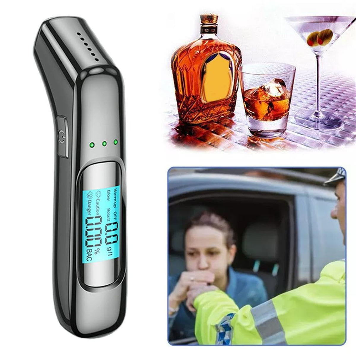 Ein Alkoholtester, eine Likörflasche, ein Cocktail und eine Person, die in einen Alkoholtester pustet.