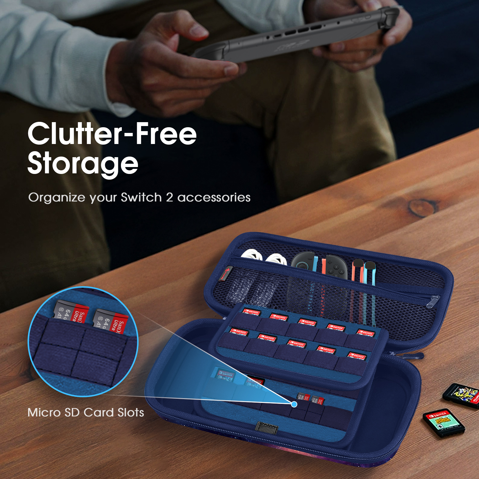 Switch-Hülle mit offenen Fächern. SD-Karten-Slots und Zubehör. Galaxy- und blaues Design.