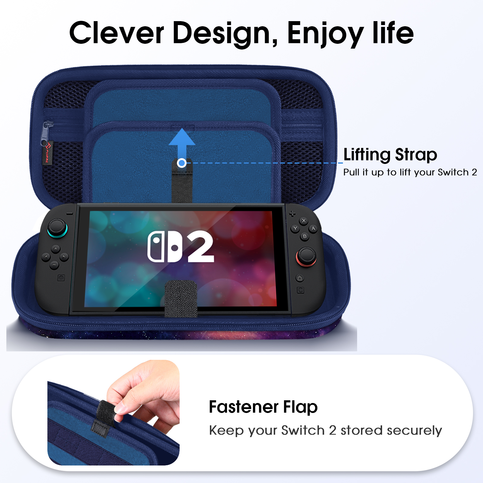 Eine blaue Hülle mit einer Konsole, einem Hebegurt und einer Verschlussklappe. Text: Clever Design, Enjoy life.