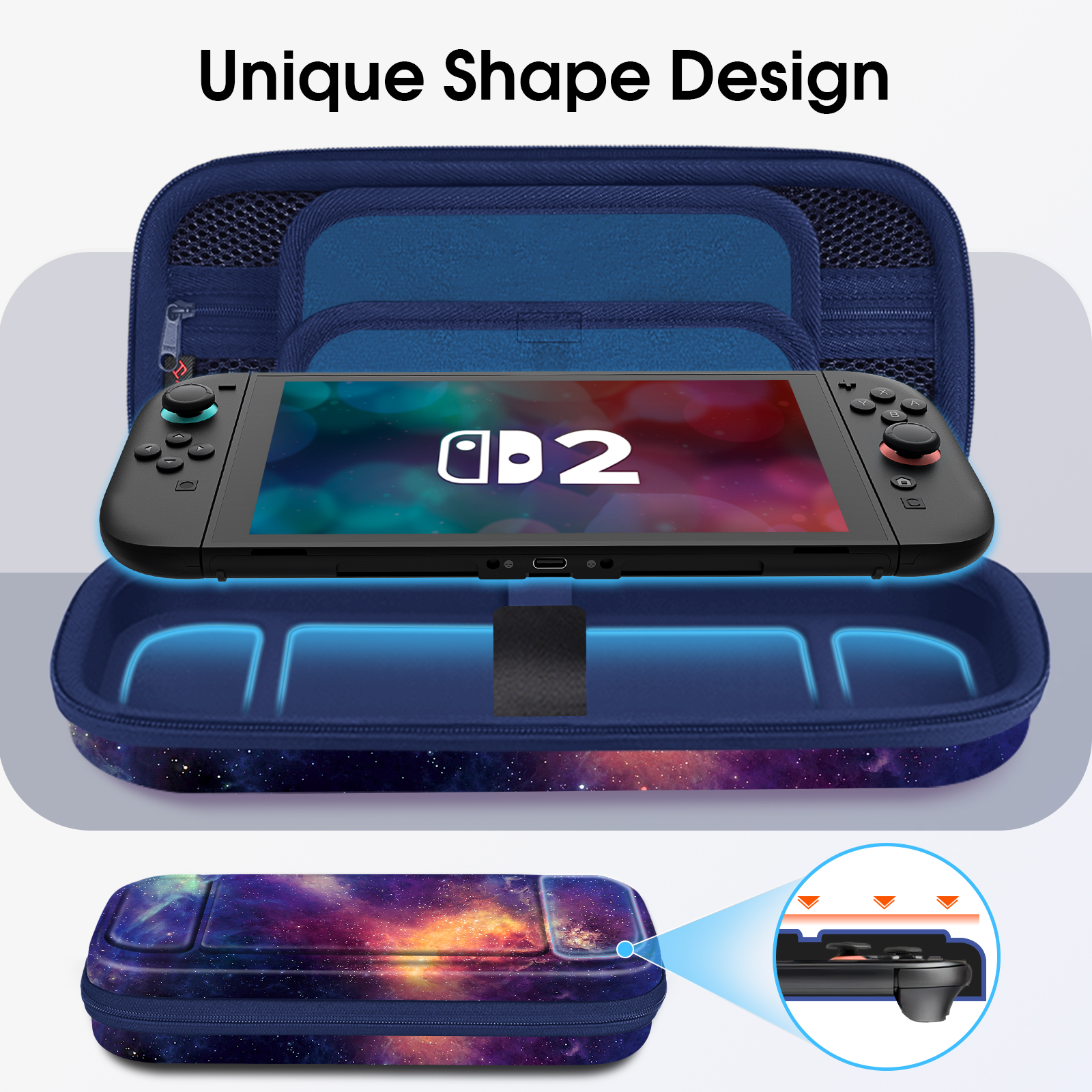 Eine Switch-Konsole in einer Hülle mit Galaxiemuster. Die Hülle ist geöffnet.
