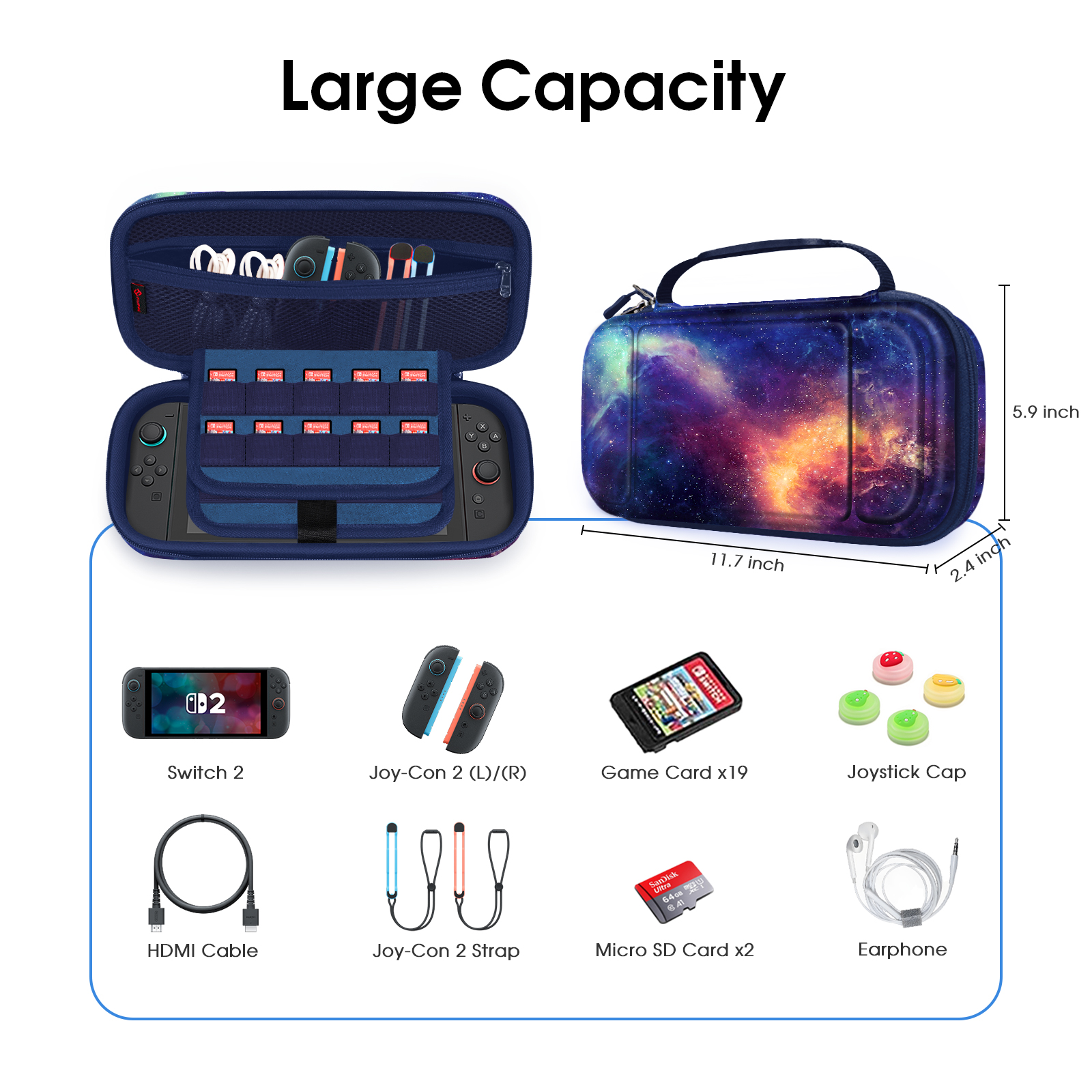 Geöffnete blaue Switch-Hülle mit Zubehör und eine geschlossene Hülle mit Galaxie-Design. Abmessungen werden angezeigt.