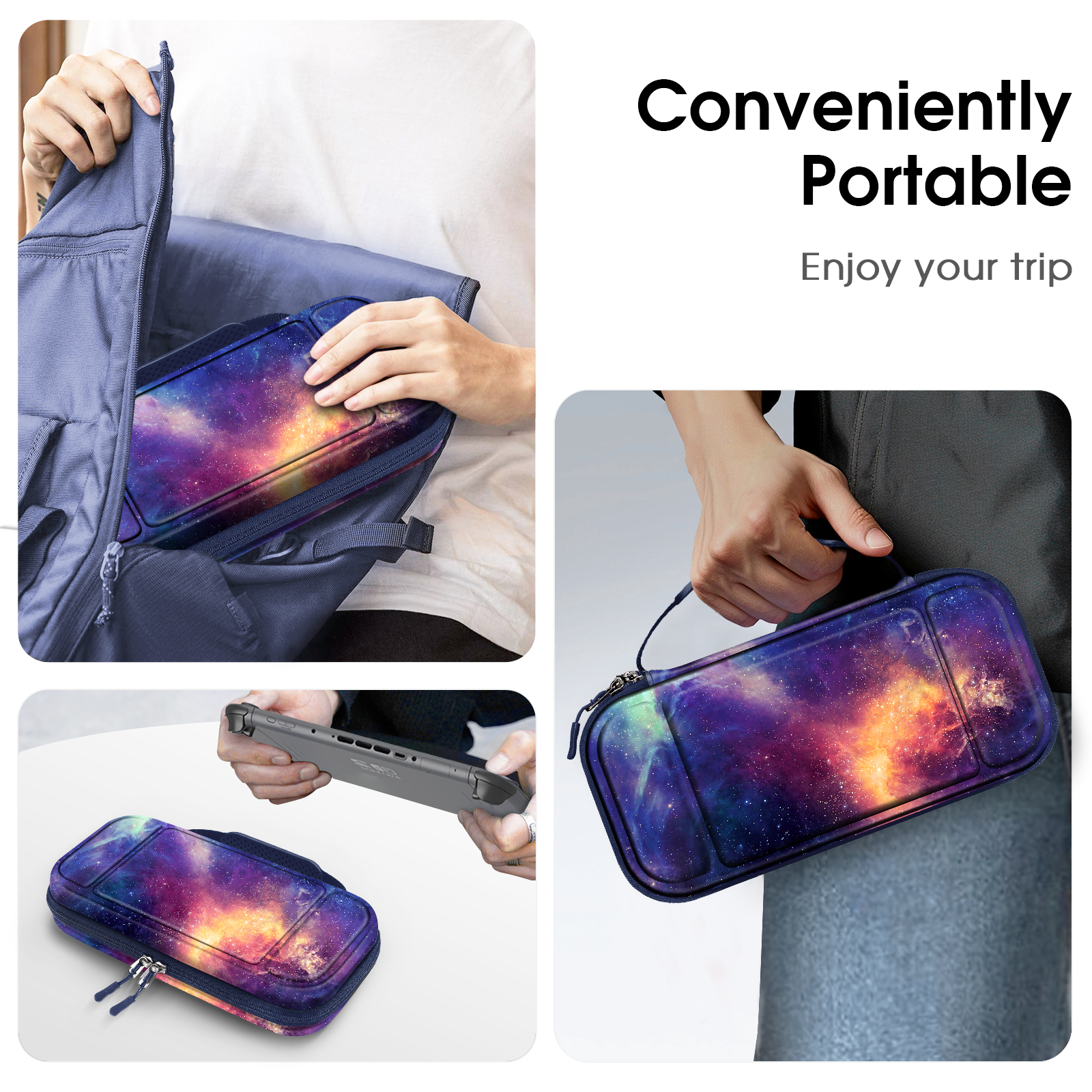 Bilder zeigen eine Person, die eine Switch-Hülle mit Galaxiemuster packt und benutzt.