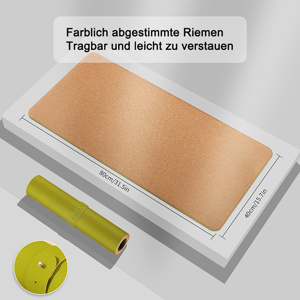 Eine gerollte grüne Matte, eine flache braune Matte und die Maße 80 cm x 40 cm. Text auf Deutsch.