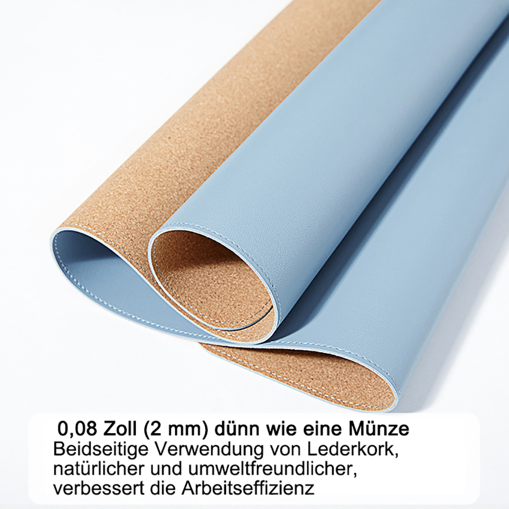Nahaufnahme einer blauen und einer braunen Schreibtischunterlage. Text zeigt 0,08 Zoll Dicke.