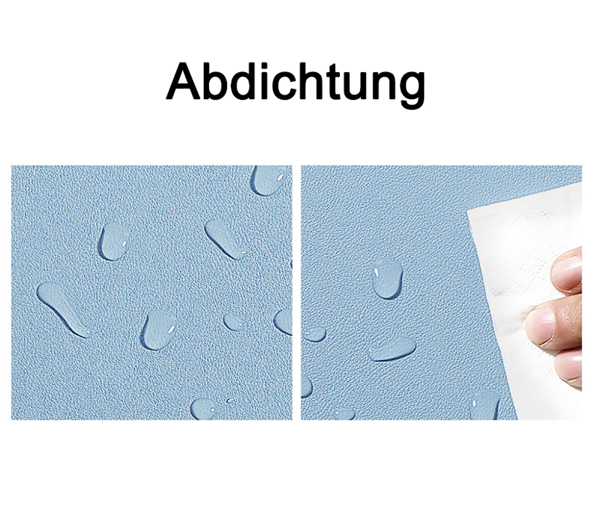 Bild zeigt Wassertropfen auf blauer Oberfläche. Text: Abdichtung. Weißes Papier wird zum Testen der Oberfläche verwendet.