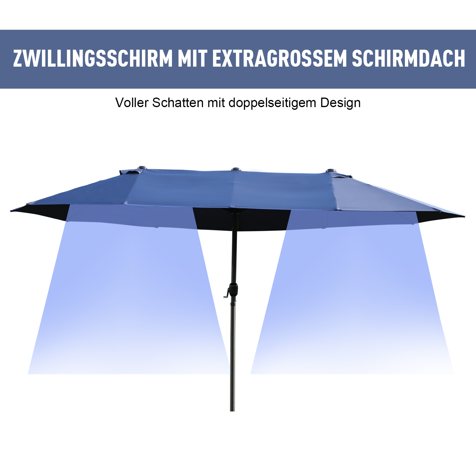 Ein großer, blauer rechteckiger Schirm mit zwei Abschnitten. Schwarze Stange in der Mitte.