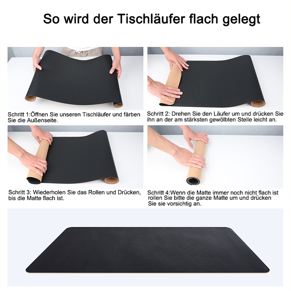 Vier Bilder zeigen, wie man eine schwarze Schreibtischunterlage ausrollt und glättet.