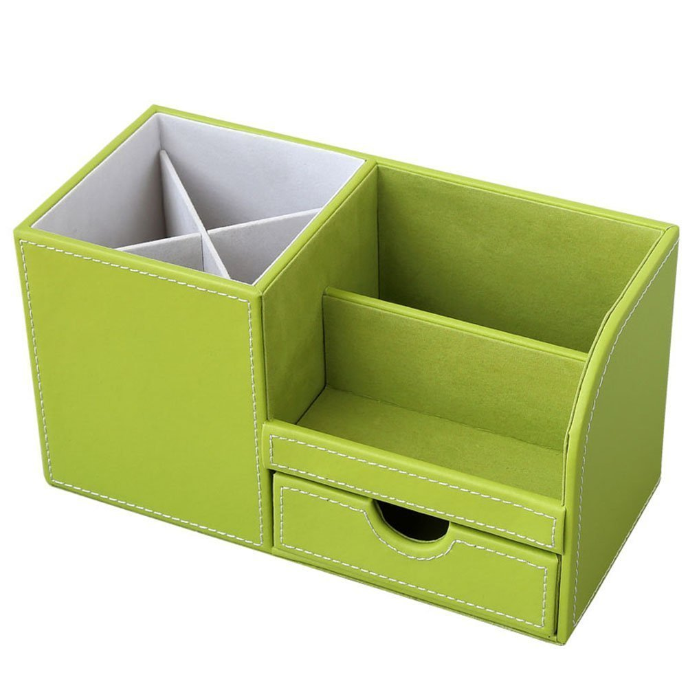 Grüner Schreibtisch-Organizer, leer, mit Fächern und Schublade.