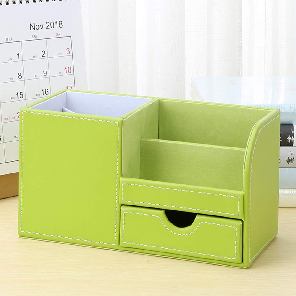 Grüner Schreibtisch-Organizer mit Fächern und Schublade.