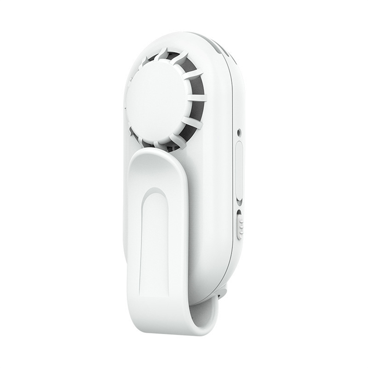 Weißer tragbarer Ventilator mit Clip auf der Rückseite. Seitenansicht.