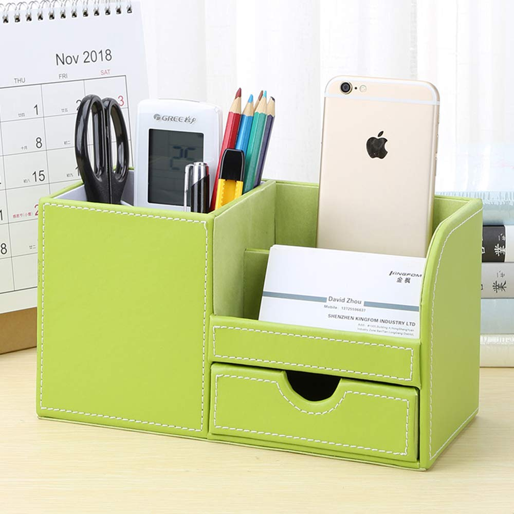 Grüner Schreibtisch-Organizer mit Gegenständen: Telefon, Stifte, Schere und Thermometer.