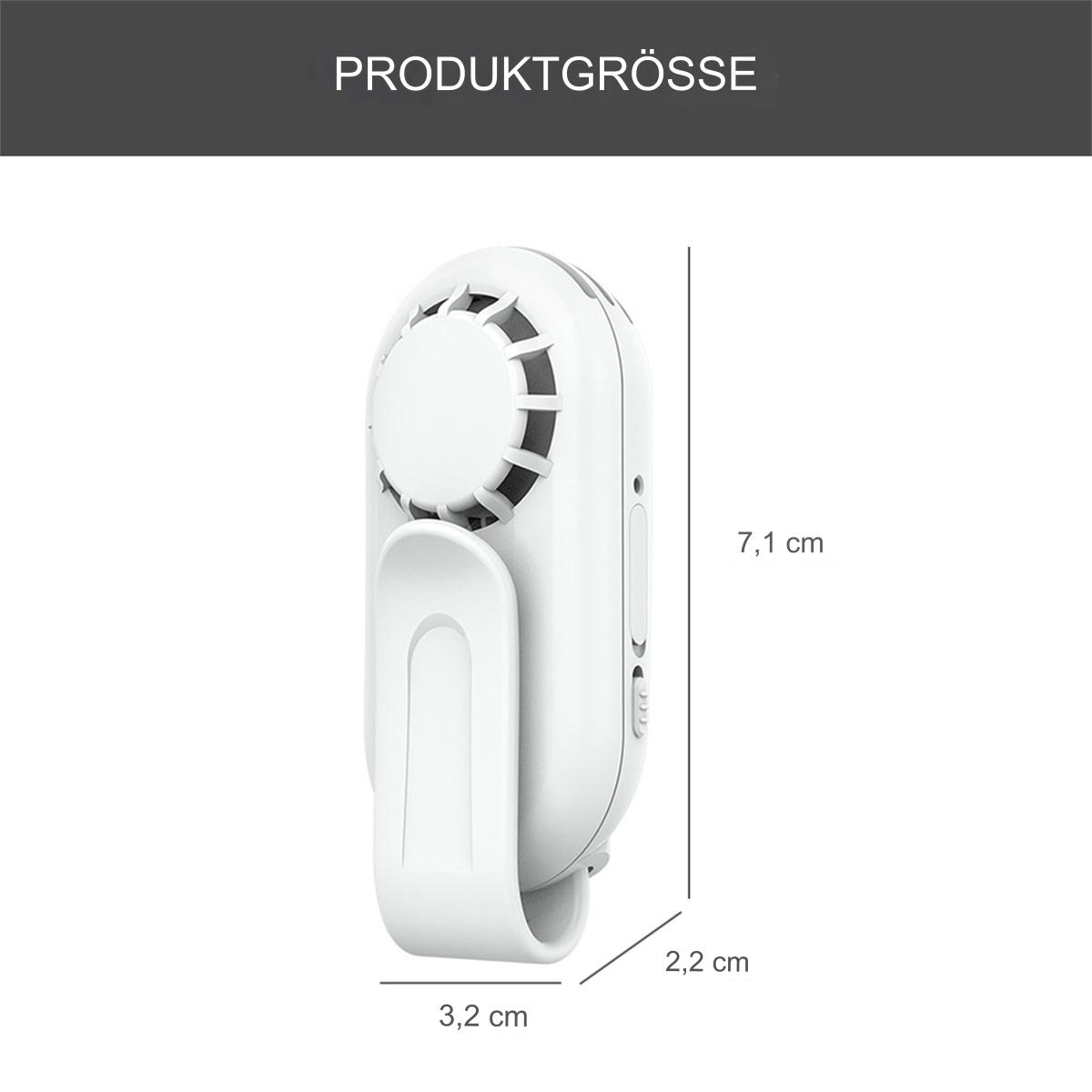 Abmessungen des weißen tragbaren Ventilators: 3,2 cm x 2,2 cm x 7,1 cm.