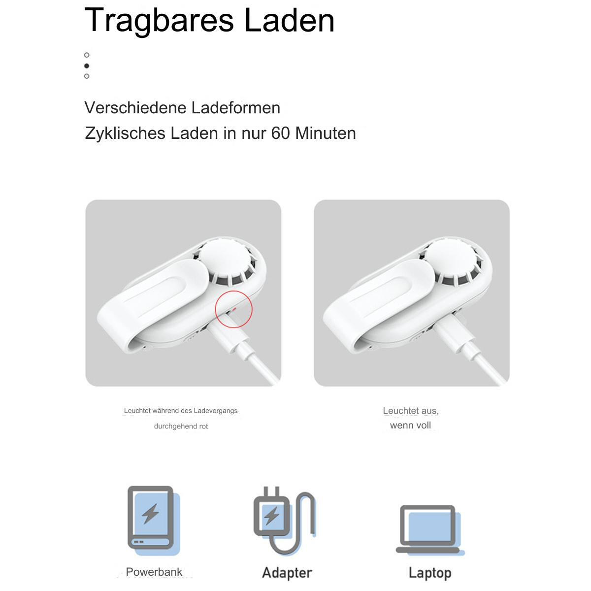 Zwei Bilder zum Aufladen eines weißen tragbaren Lüfters, mit Powerbank, Adapter und Laptop.
