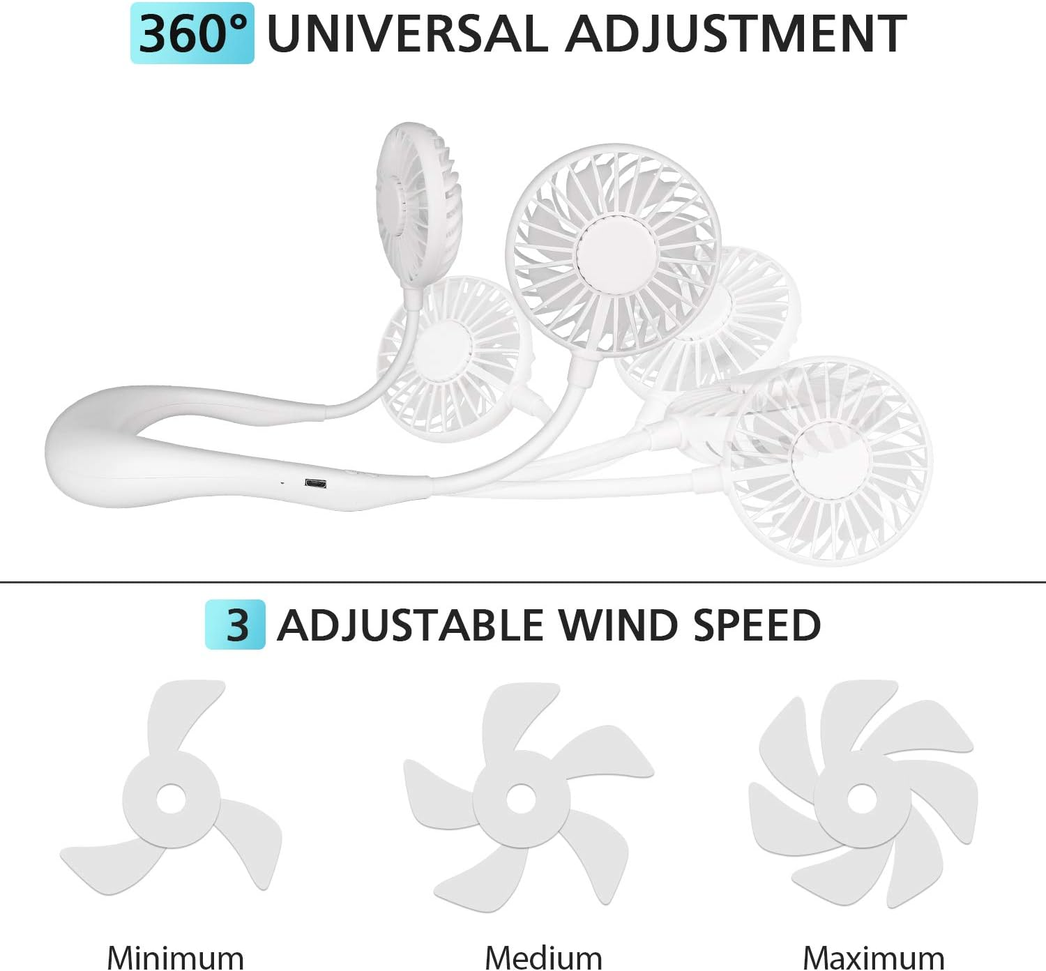 Ein weißer Nackenventilator mit drei einstellbaren Lüfterblättern.