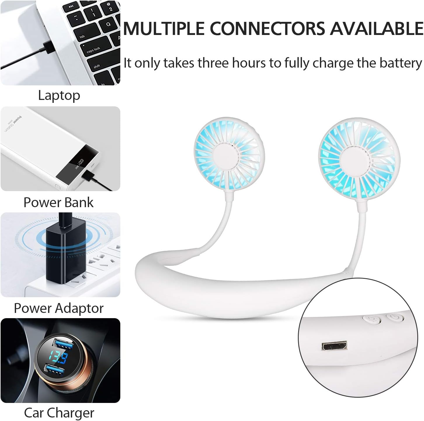 Ein weißer Nackenventilator mit Powerbank, Autoladegerät, Netzteil und Laptop.