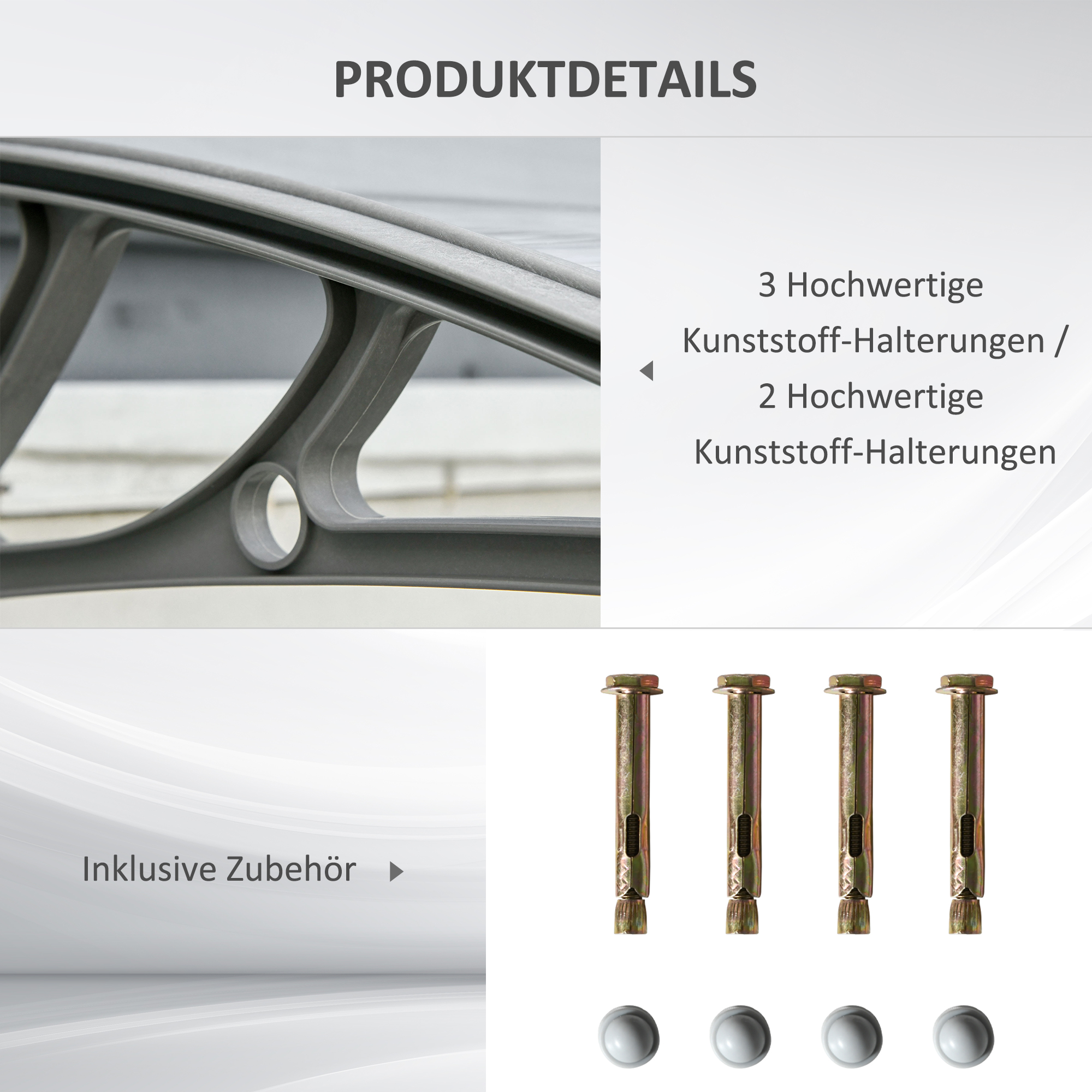 Nahaufnahme eines grauen Architekturelements mit Text und Hardware-Details.