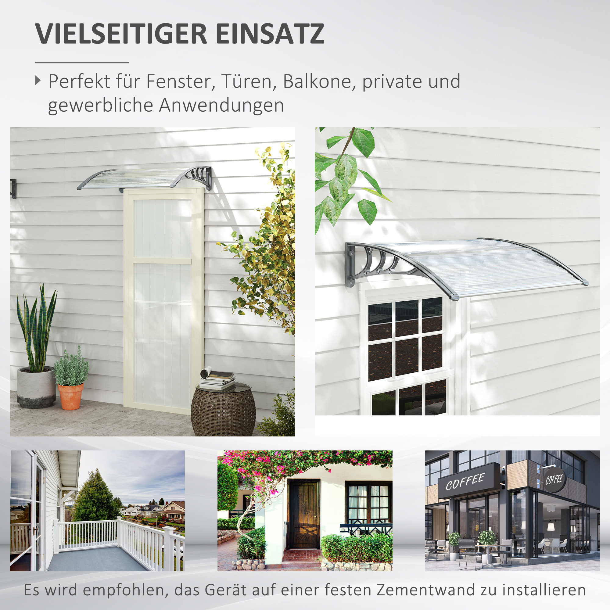 Eine Collage mit verschiedenen Außenbereichen mit einer grauen Markise. Enthält Türen, Fenster und ein Café.