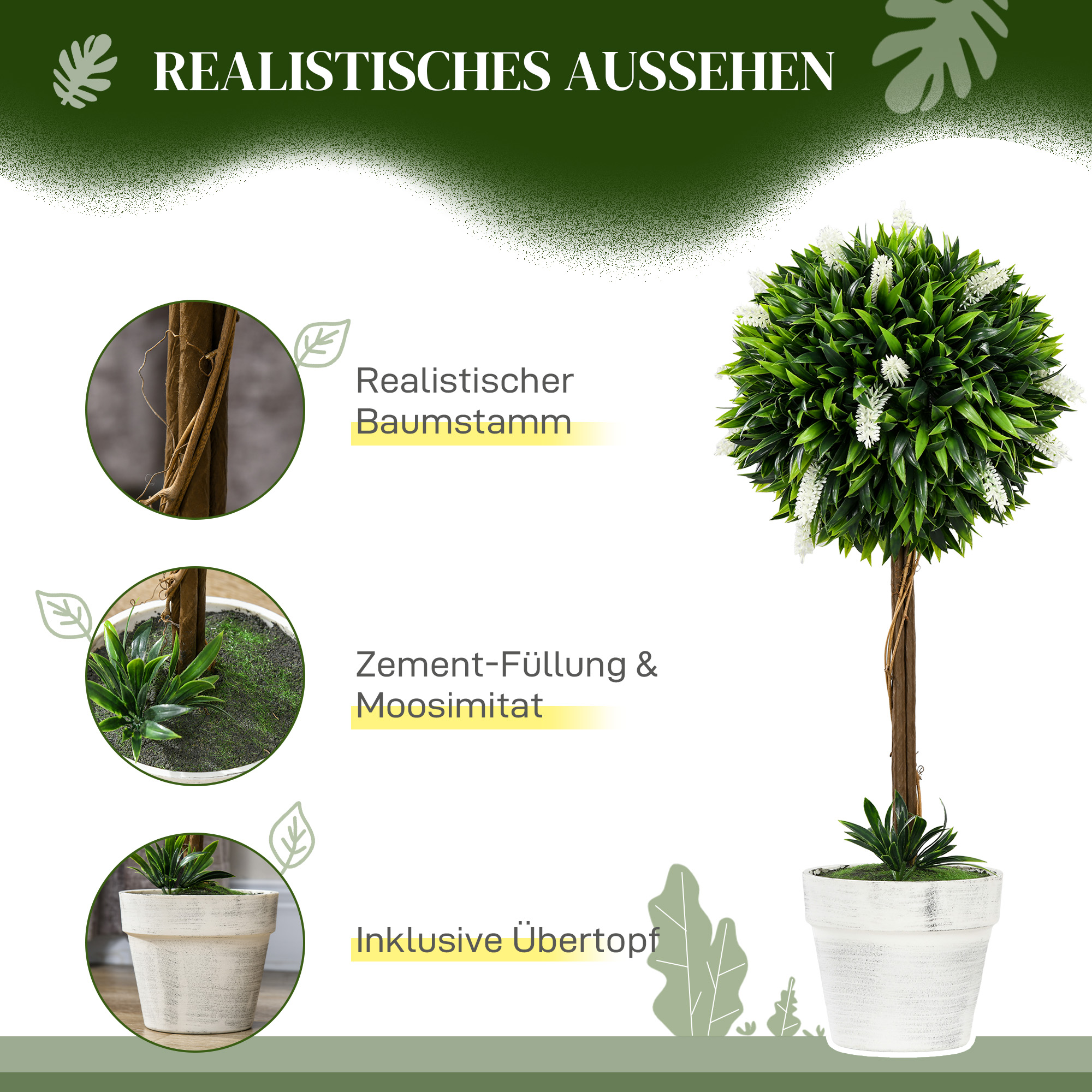 Ein Formschnittbaum in einem weißen Topf. Details zeigen einen realistischen Stamm, Moos und den Topf.