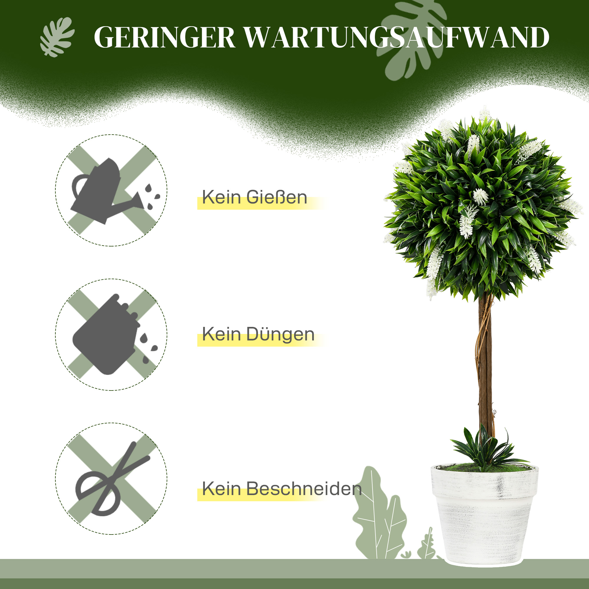 Ein Formschnittbaum in einem weißen Topf mit Text, der zeigt, dass er weder gegossen noch gedüngt oder beschnitten werden muss.