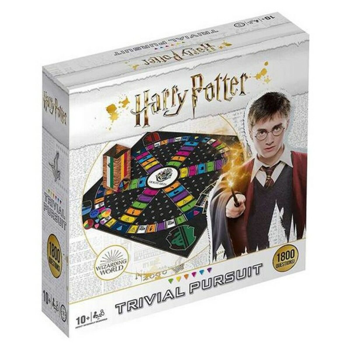 Una caja del juego Harry Potter Trivial Pursuit con la imagen de Harry Potter y el tablero.