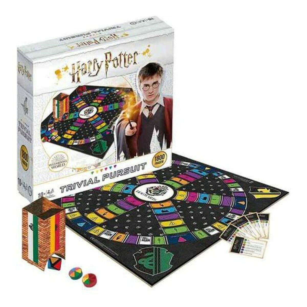 Caja y tablero del juego Harry Potter Trivial Pursuit con cartas, fichas y dados.