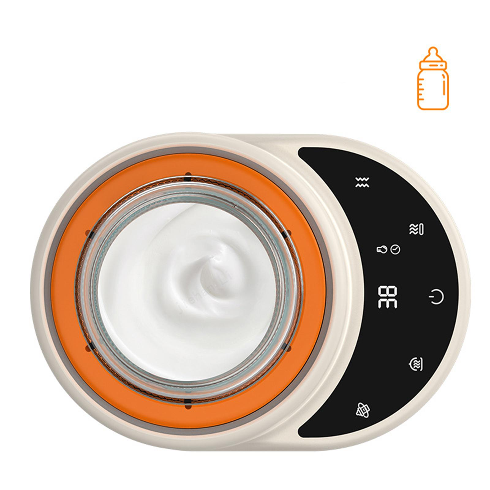 Draufsicht auf einen Flaschenwärmer. Enthält eine Flasche mit Flüssigkeit und ein Touchscreen-Display.