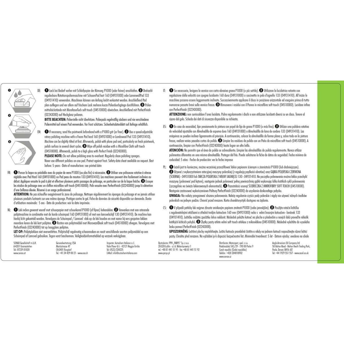 Un document avec du texte en plusieurs langues, avec des instructions sur les produits d'entretien automobile.