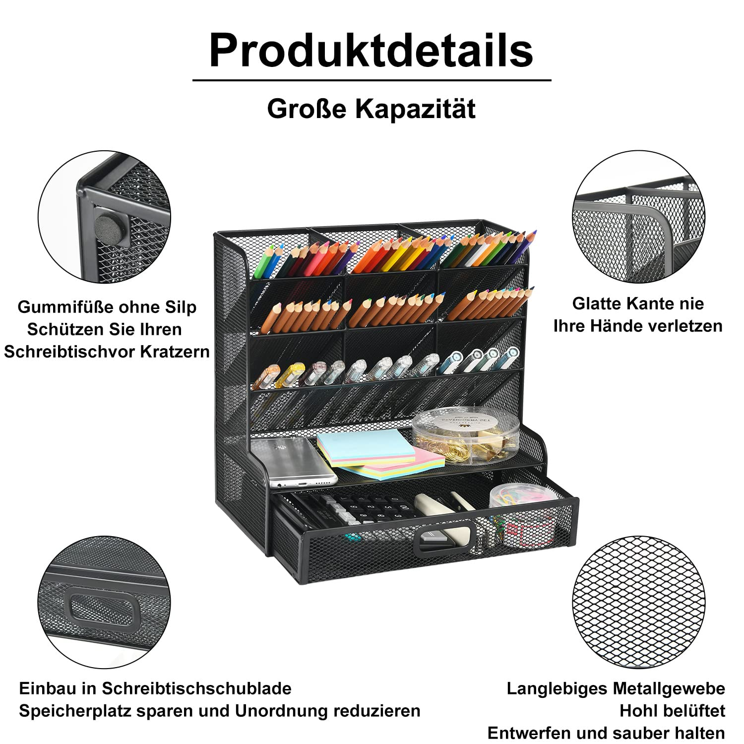 Ein schwarzer Schreibtisch-Organizer mit Beschriftungen, die Details wie Gummifüße und eine Schublade zeigen.