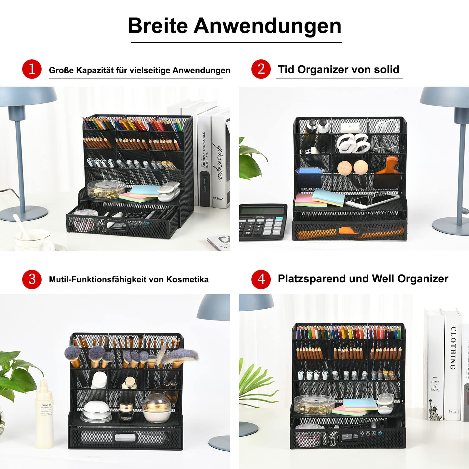 Mehrere Bilder zeigen einen schwarzen Schreibtisch-Organizer aus Metallgitter in verschiedenen Umgebungen mit verschiedenen Gegenständen.