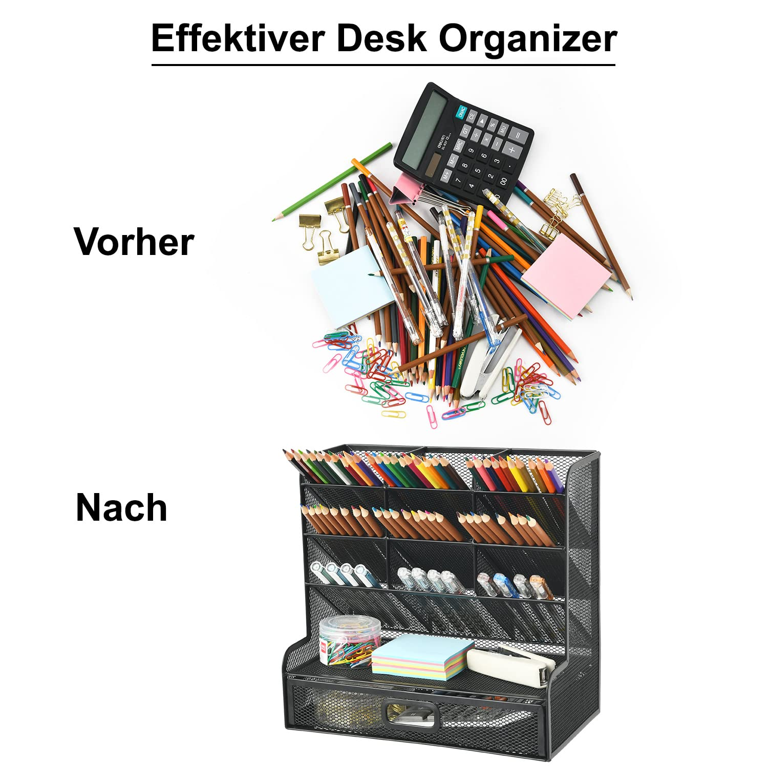 Vergleich eines unordentlichen Schreibtischs mit Büromaterialien mit einem organisierten Schreibtisch mit schwarzem Mesh-Organizer.