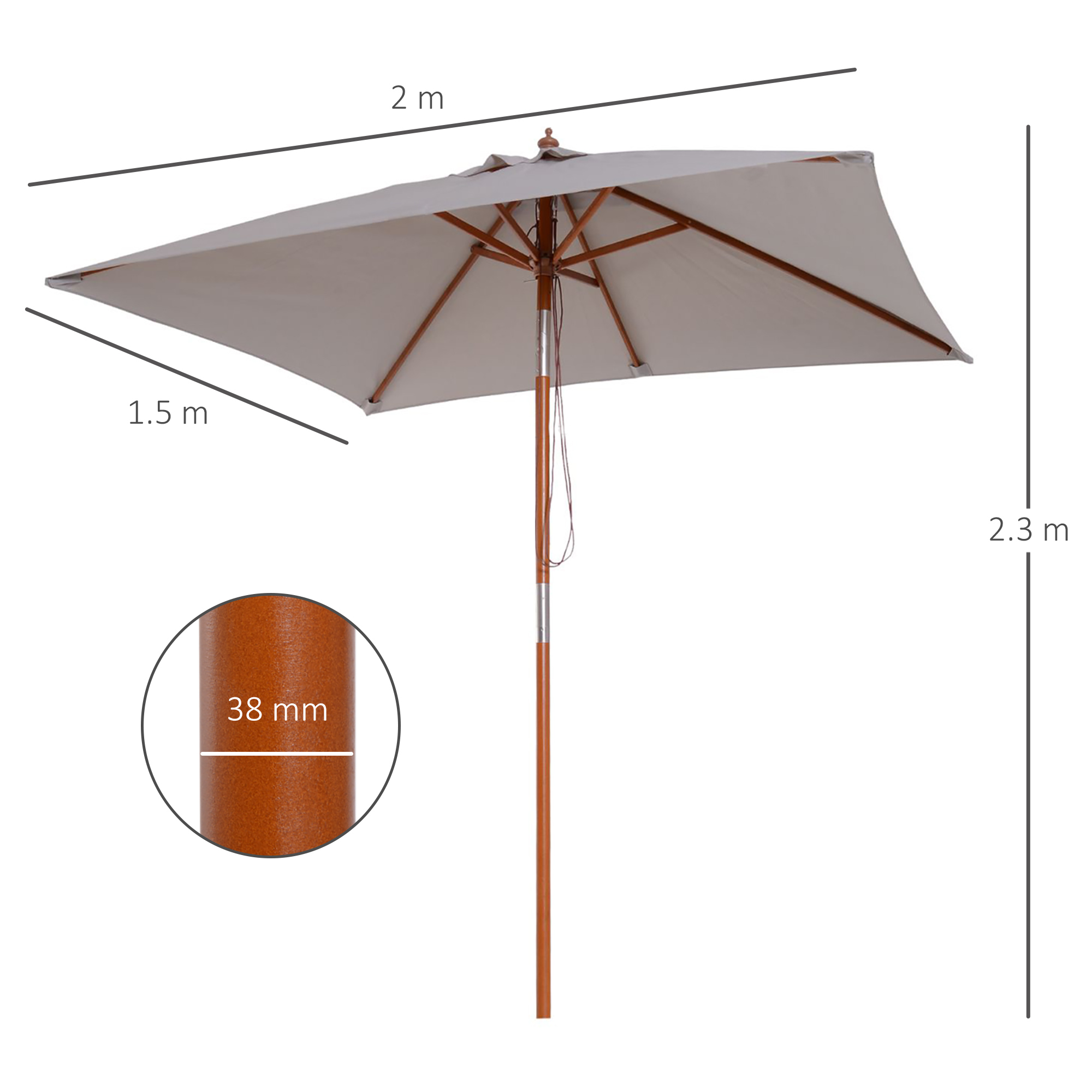 Un ombrello rettangolare grigio aperto con struttura in legno, dimensioni indicate: 2m x 1,5m, altezza 2,3m.