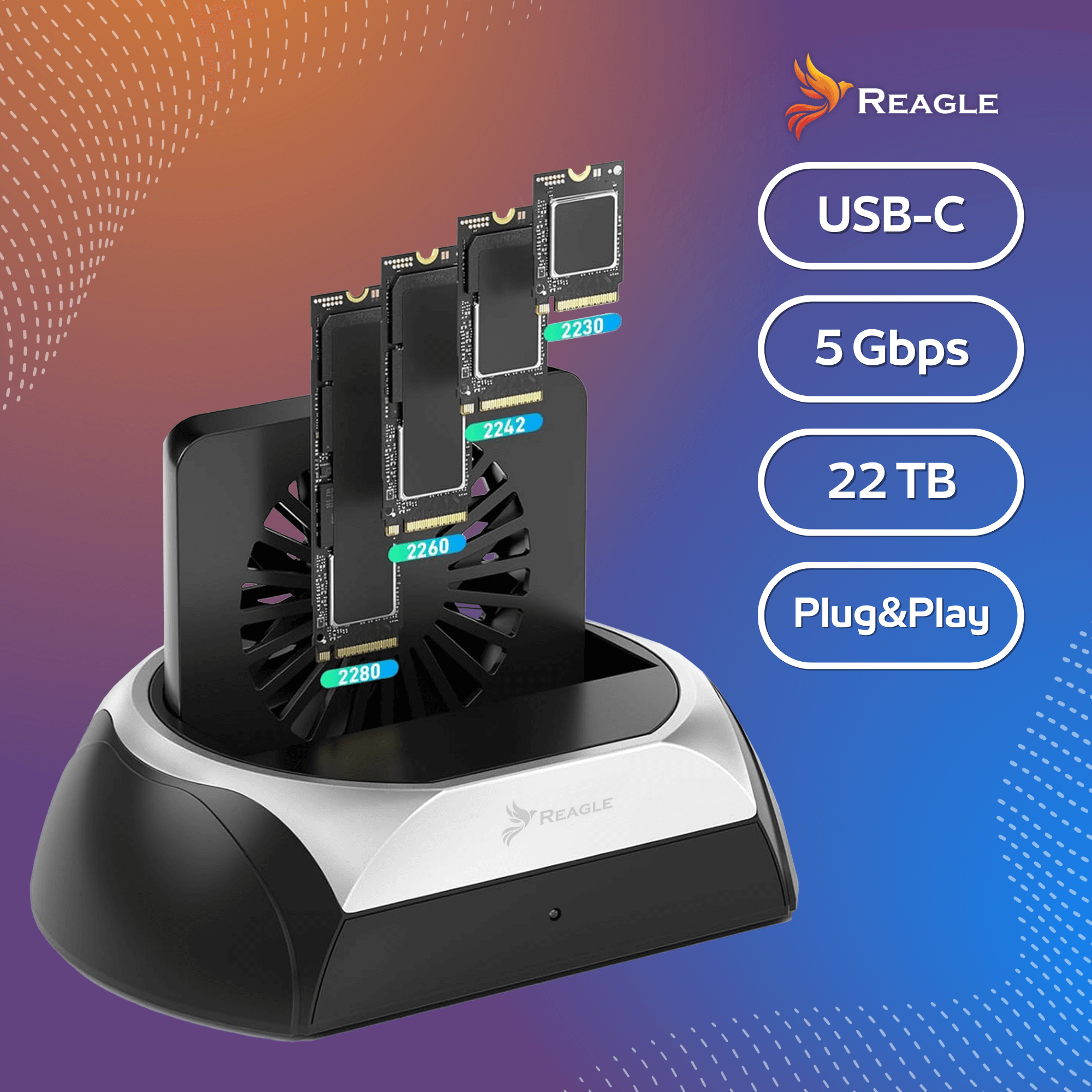 Czarne i srebrne urządzenie z dyskami SSD. Zawiera tekst wskazujący USB-C, 5 Gb/s, 22 TB i Plug&Play.