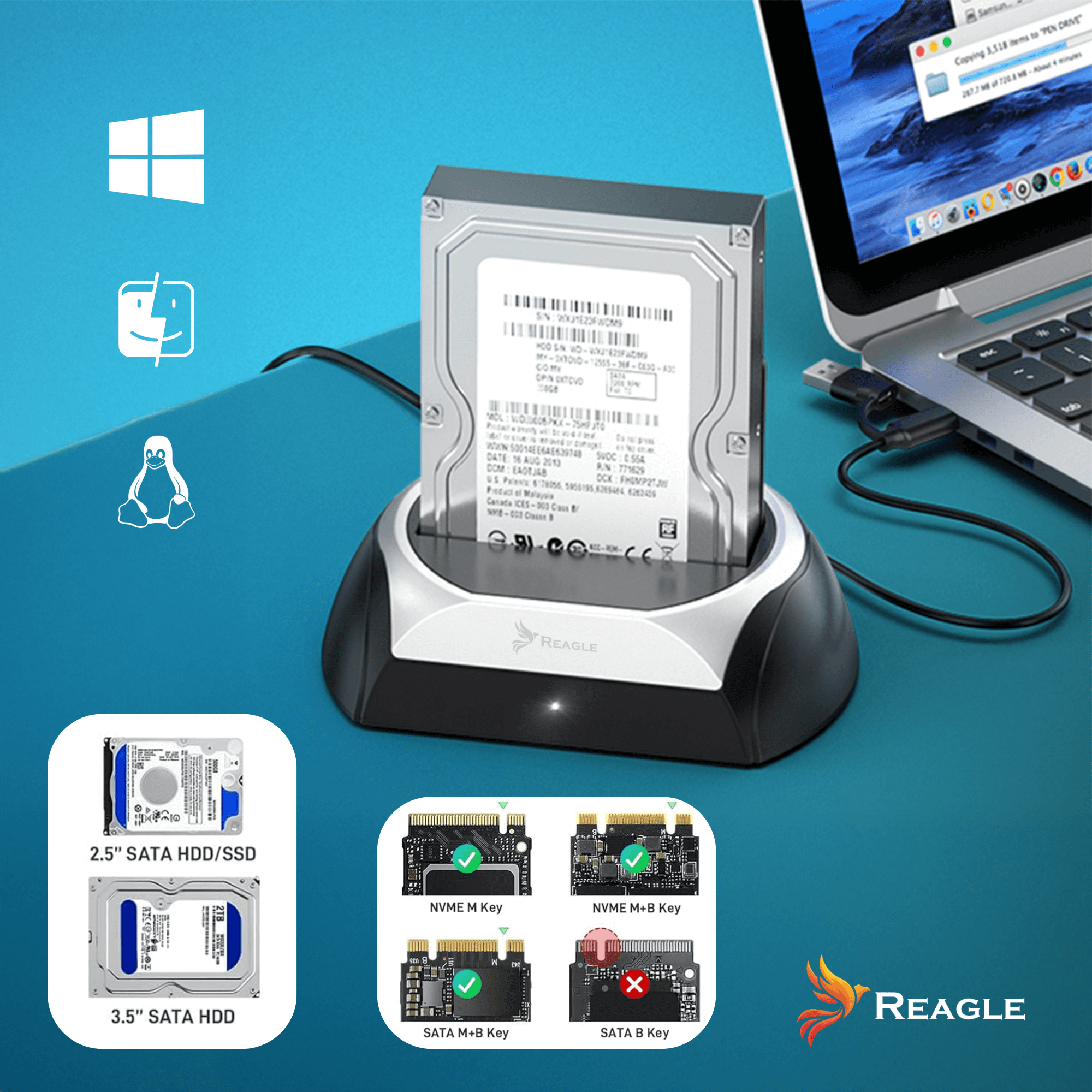 Urządzenie z dyskiem twardym i dyskiem SSD jest podłączone do laptopa, pokazując różne typy złączy.