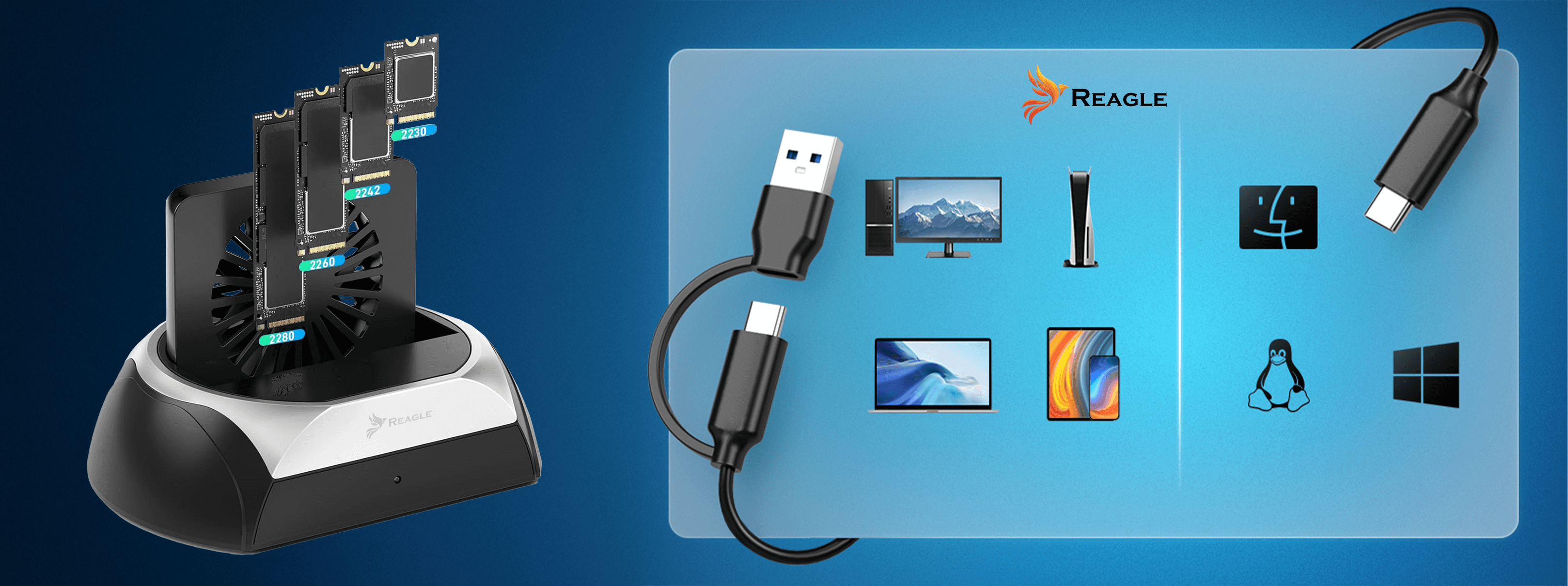 Urządzenie z dyskami SSD podłączone do komputera przez USB, z różnymi typami urządzeń po prawej stronie.