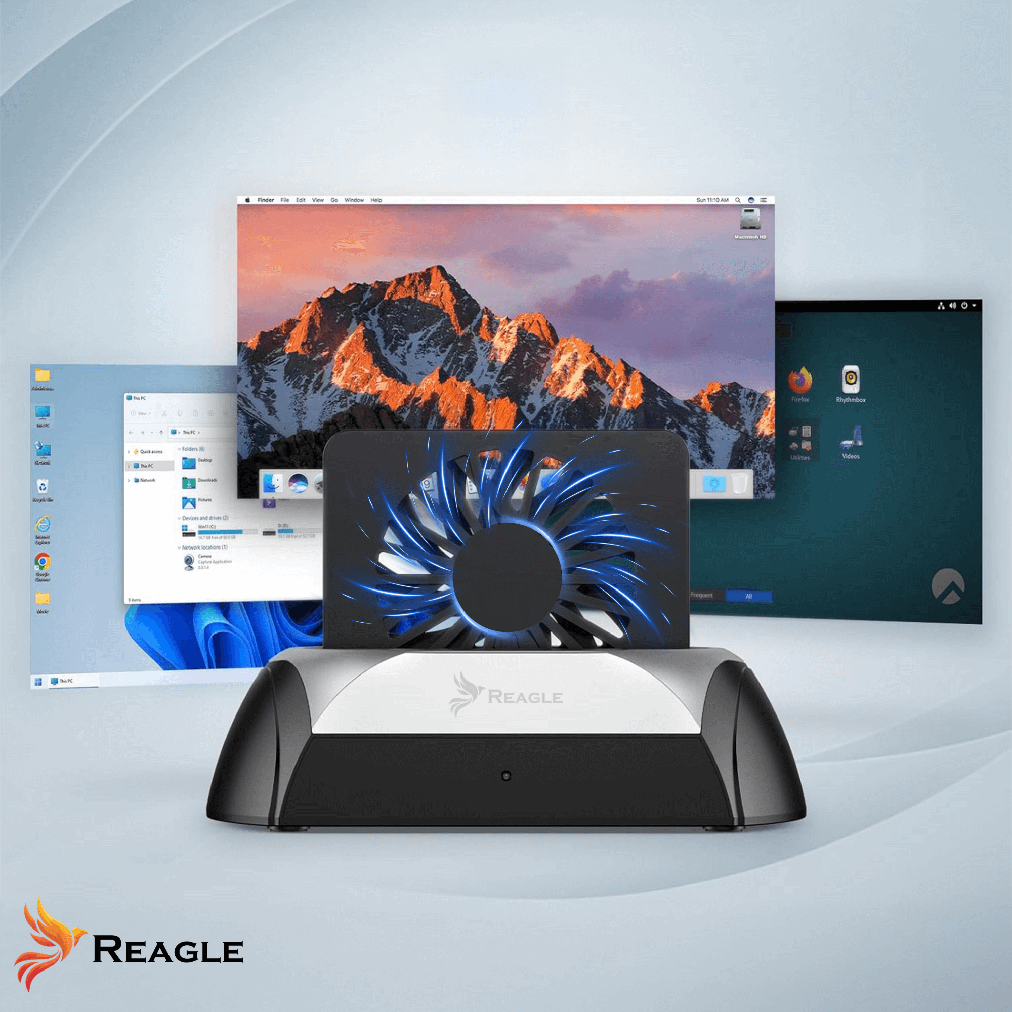 Urządzenie z konstrukcją wentylatora pokazane z różnymi ekranami komputera w tle.